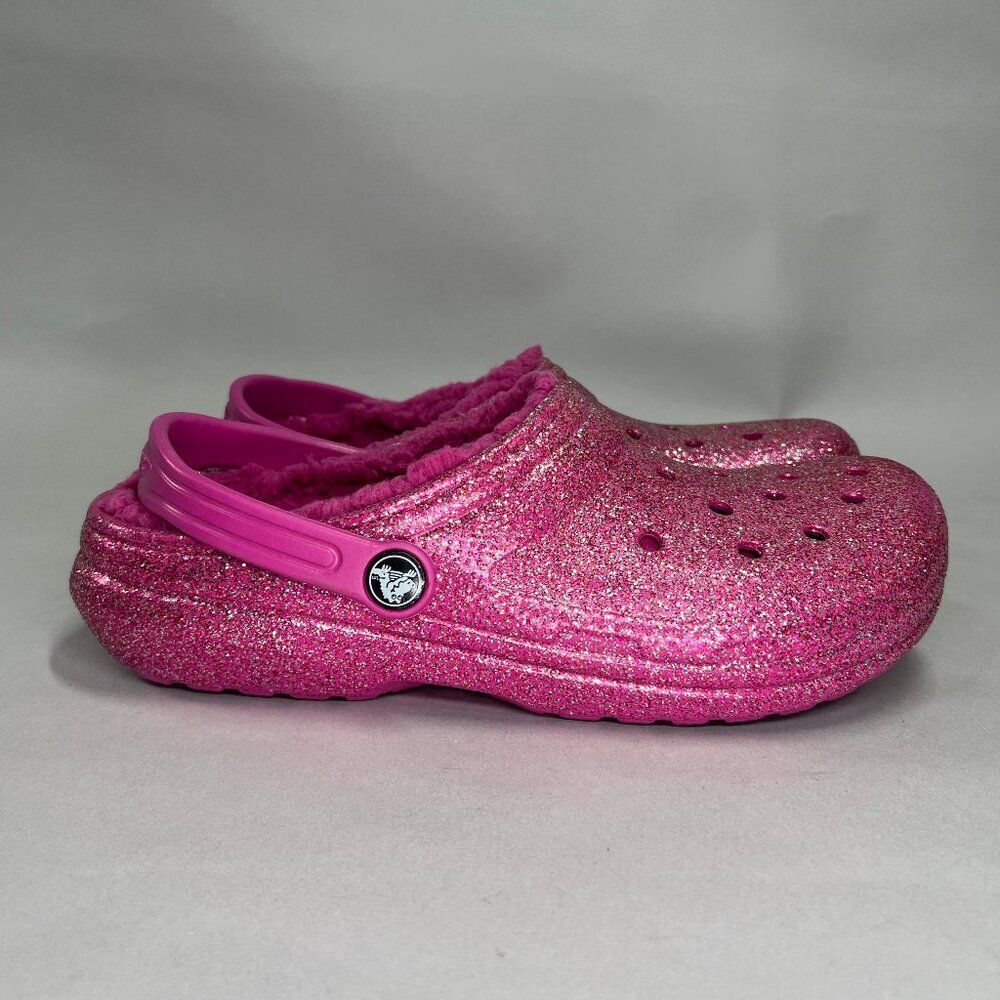 Crocs Pink Glitter Shoes Girl's Size 6 Insulated Lined Slip On Clog Sandals